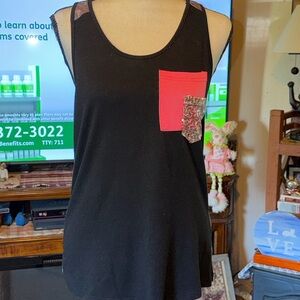 Women’s Black Tank Top with Pink Pocket and Floral Trim